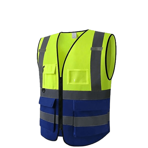 Reflective Yellow Blue Safety Vest With Zipper And Multiple Pockets